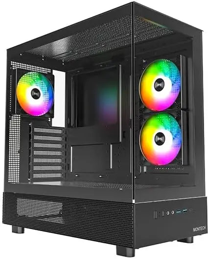 ATX Mid-Tower Gaming Case with 3 ARGB Fans, Dual Glass Panels, Wood I/O, Supports 4090 GPUs and 360mm Radiator, Black