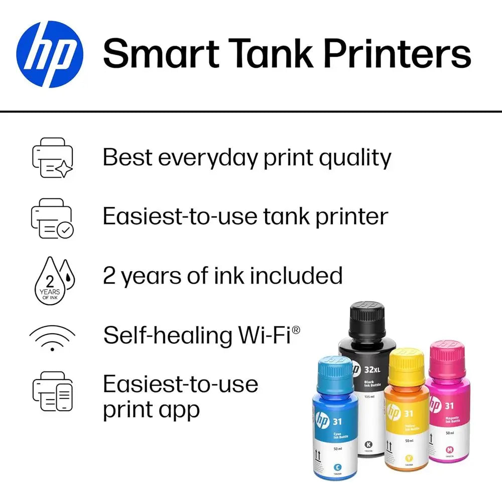 All-in-One Wireless Ink Tank Printer, Scanner, Copier with 2-Year Ink Supply, Home-Friendly, Cartridge-Free, Refillable, AI-Enab