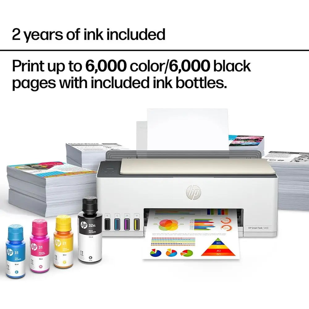 All-in-One Wireless Ink Tank Printer, Scanner, Copier with 2-Year Ink Supply, Home-Friendly, Cartridge-Free, Refillable, AI-Enab