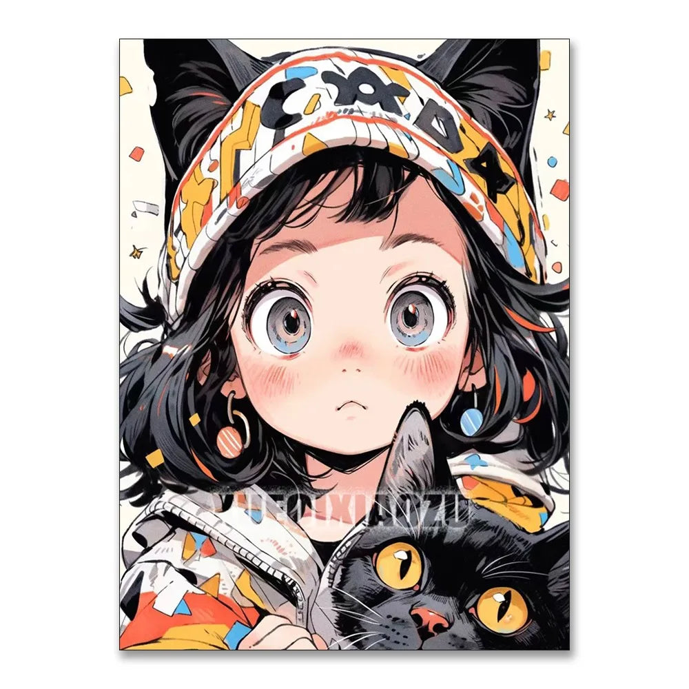 Cartoon Black Cat Diamond Painting Cute Girl Full Square/Round Diamond Mosaic Cross Stitch DIY Home Decoration Handmade Gift