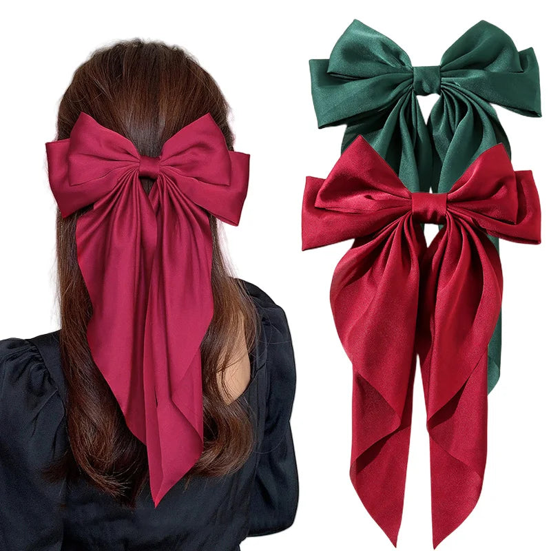 Korean Accessories Hair Clips for Women Girls Big Bowknot Solid Satin Long Ribbon Bows Spring Clamp Barette Cheveux Femme 2023
