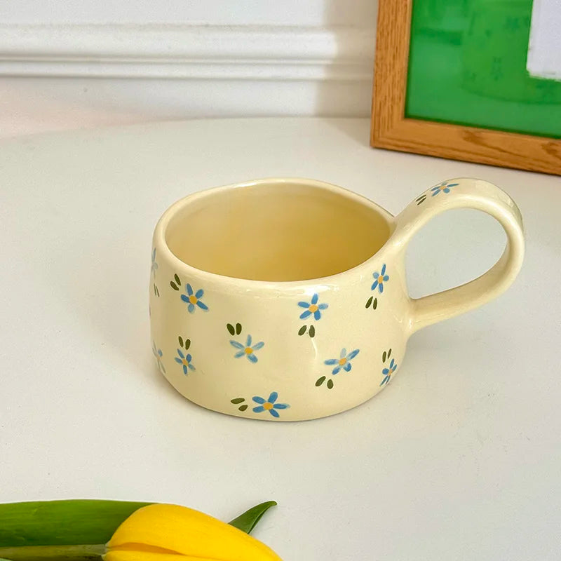 Korean Style Ceramic Mug Cute Hand Pinched Irregular Small Flower Pattern Coffee Cup Breakfast Milk Tea Cups Gift for Kids Girls