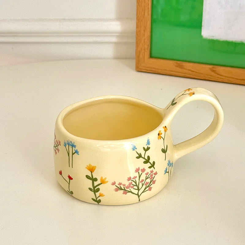 Korean Style Ceramic Mug Cute Hand Pinched Irregular Small Flower Pattern Coffee Cup Breakfast Milk Tea Cups Gift for Kids Girls