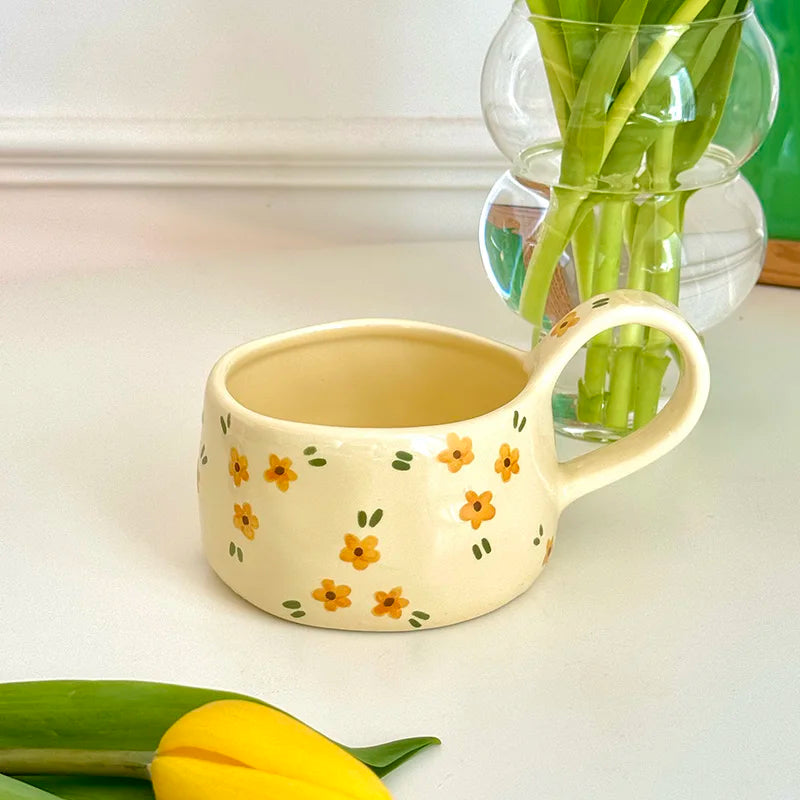 Korean Style Ceramic Mug Cute Hand Pinched Irregular Small Flower Pattern Coffee Cup Breakfast Milk Tea Cups Gift for Kids Girls