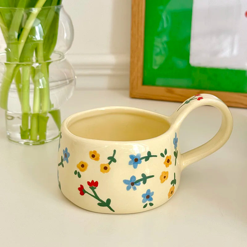 Korean Style Ceramic Mug Cute Hand Pinched Irregular Small Flower Pattern Coffee Cup Breakfast Milk Tea Cups Gift for Kids Girls