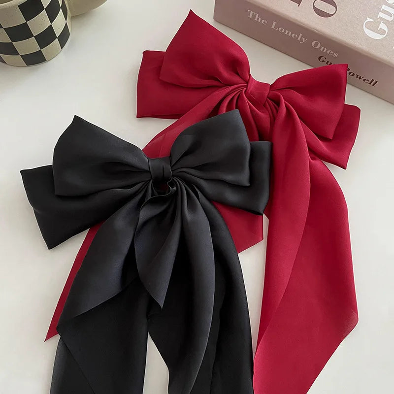 Korean Accessories Hair Clips for Women Girls Big Bowknot Solid Satin Long Ribbon Bows Spring Clamp Barette Cheveux Femme 2023