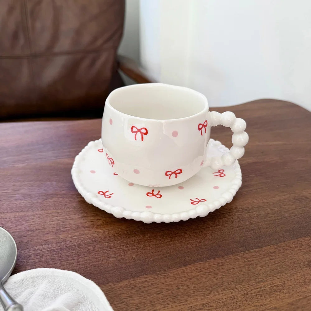 Cute Floral/Heart/Bow Tie Ceramic Cup Saucer Set Beaded Handle Scalloped Edge Coffee Milk Cup Home Kitchen Afternoon Tea Cups