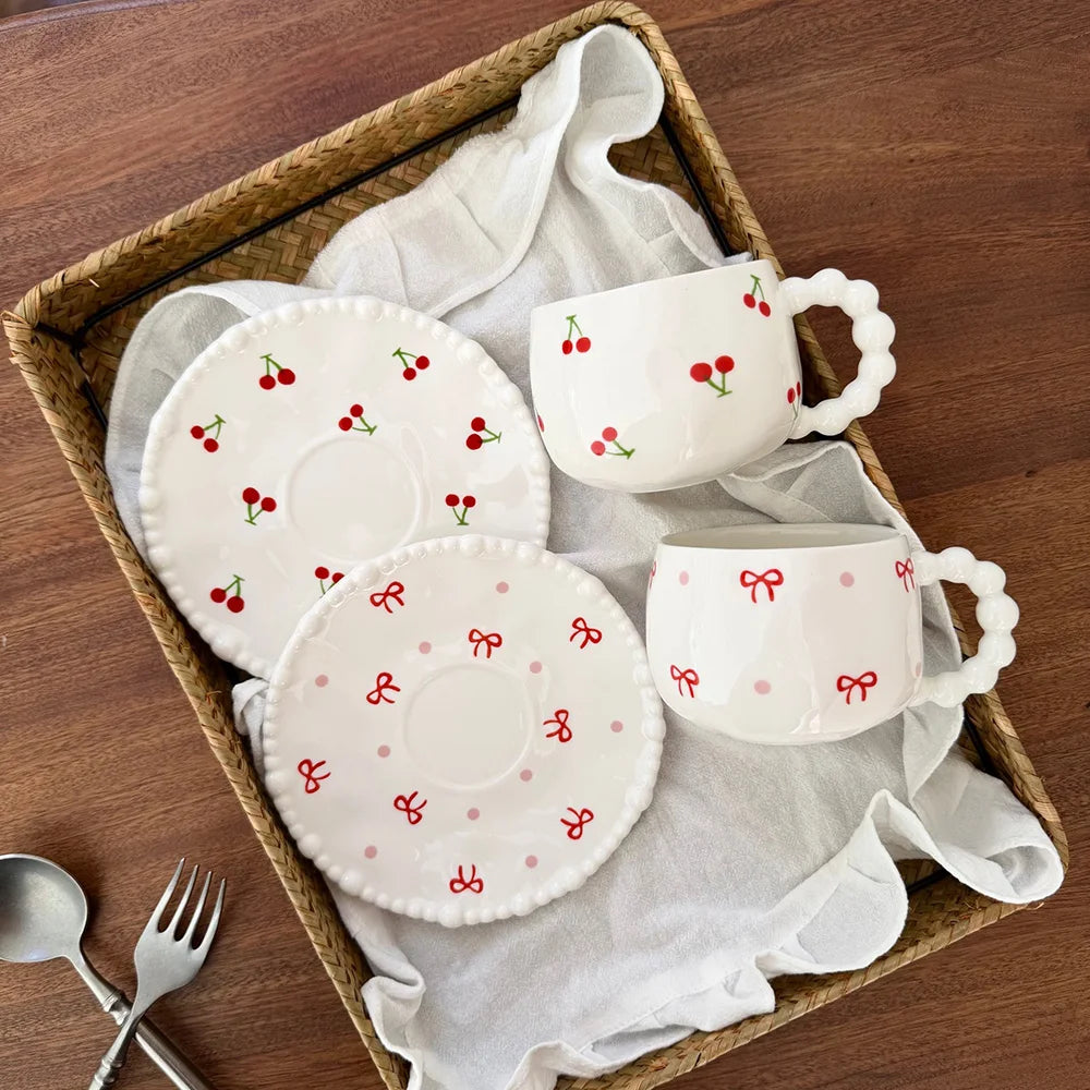 Cute Floral/Heart/Bow Tie Ceramic Cup Saucer Set Beaded Handle Scalloped Edge Coffee Milk Cup Home Kitchen Afternoon Tea Cups