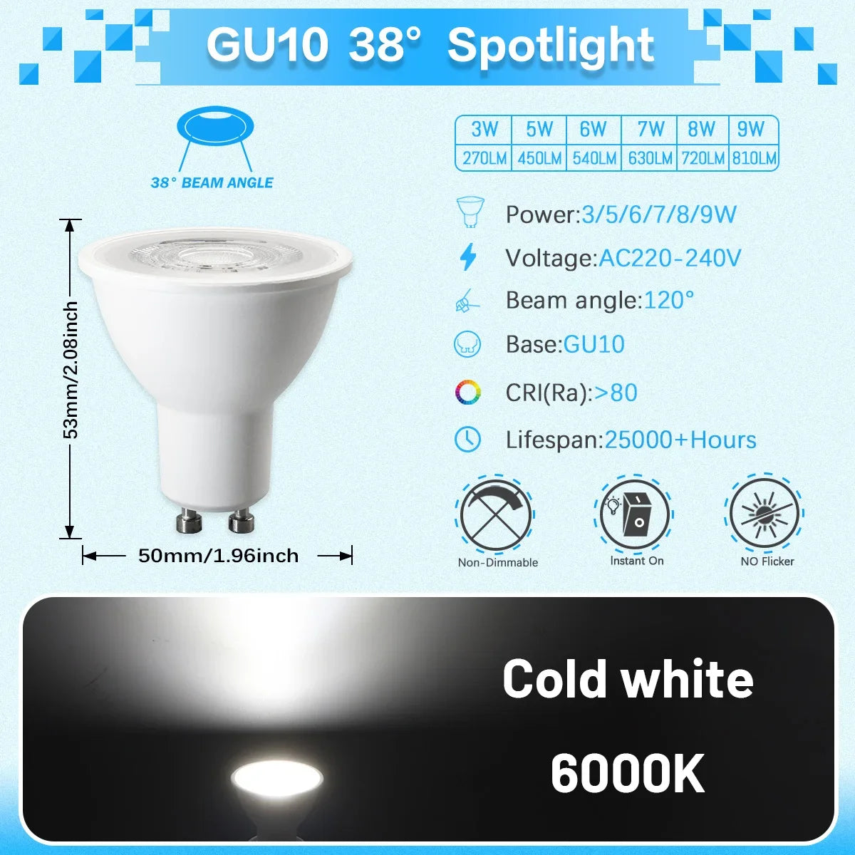 10-50PCS LED Spotlight GU10 Bulb 3W 5W 6W 7W 8W 9W AC220-240V Daylight Replace 50W Halogen Lamp Suitable for Chandeliers lights