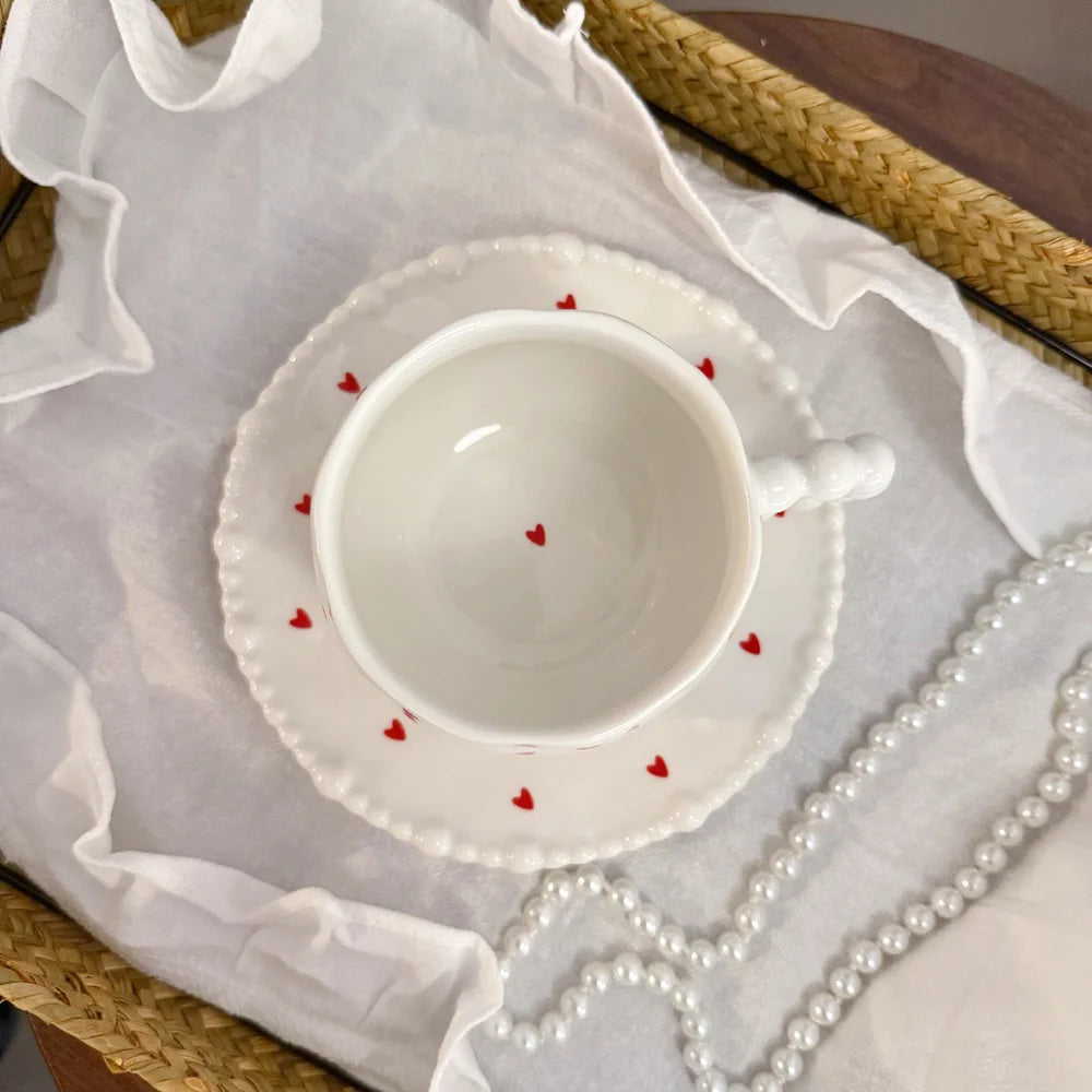 Cute Floral/Heart/Bow Tie Ceramic Cup Saucer Set Beaded Handle Scalloped Edge Coffee Milk Cup Home Kitchen Afternoon Tea Cups