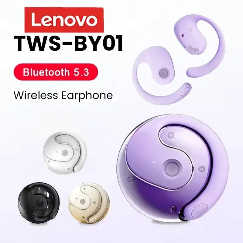 Lenovo ear-hook wireless Bluetooth headphones: spherical design, low latency, noise cancellation, ideal for sports and travel.