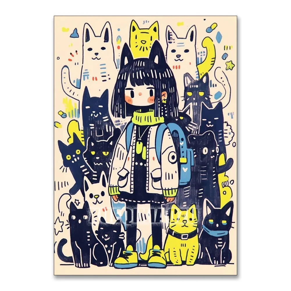 Cartoon Black Cat Diamond Painting Cute Girl Full Square/Round Diamond Mosaic Cross Stitch DIY Home Decoration Handmade Gift