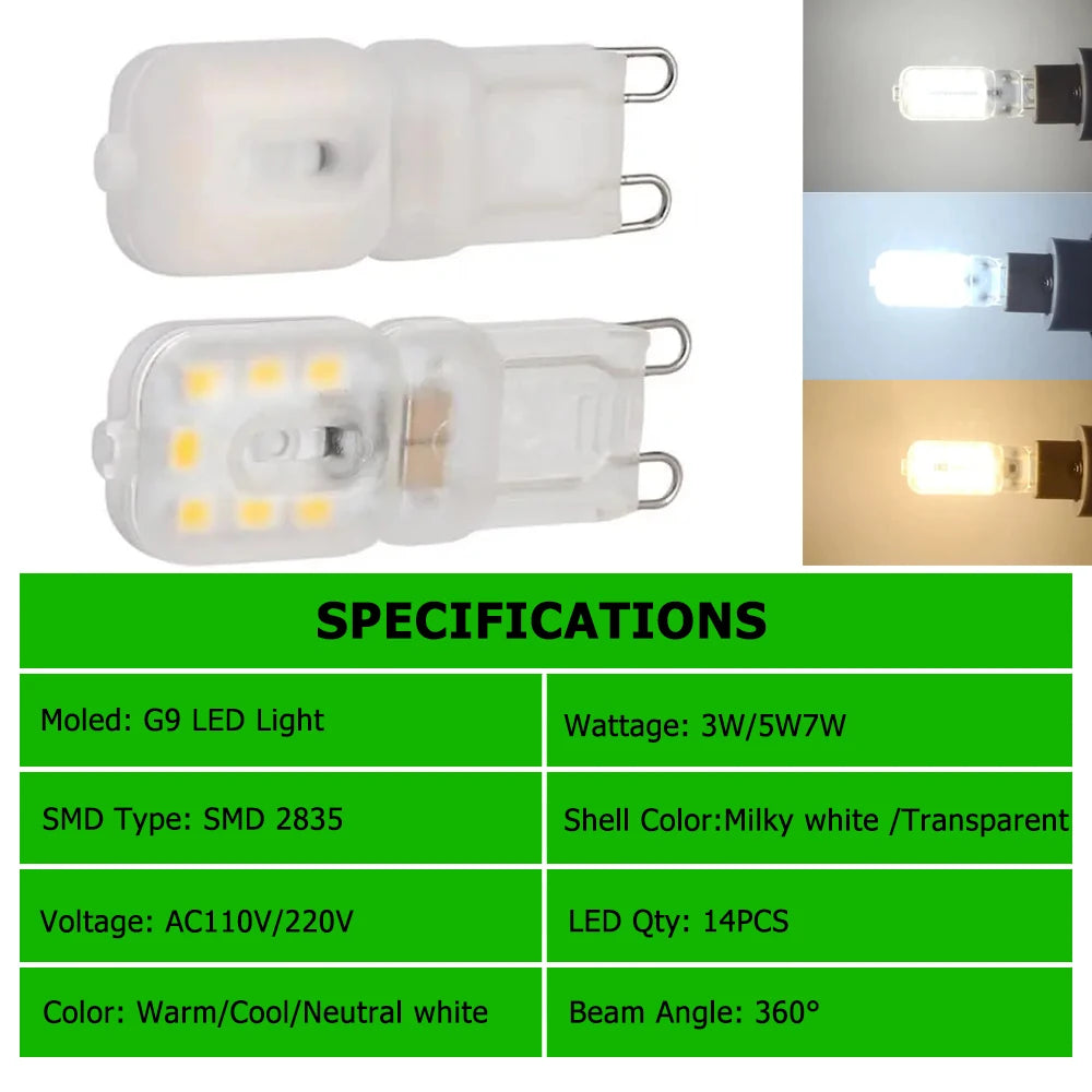 10PCS Dimmable G9 Led Corn Bulb 3W 5W 7W 110V 220V Cold/Warm/Neutral White Light Clear Shell 360 Beam Lampada Smd2835 for Room