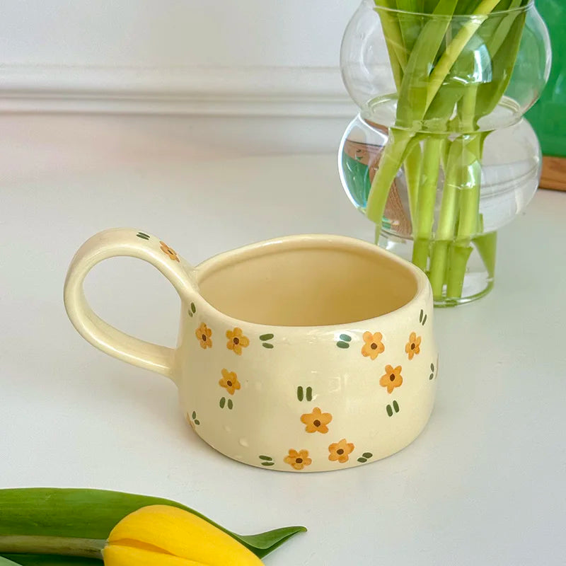 Korean Style Ceramic Mug Cute Hand Pinched Irregular Small Flower Pattern Coffee Cup Breakfast Milk Tea Cups Gift for Kids Girls