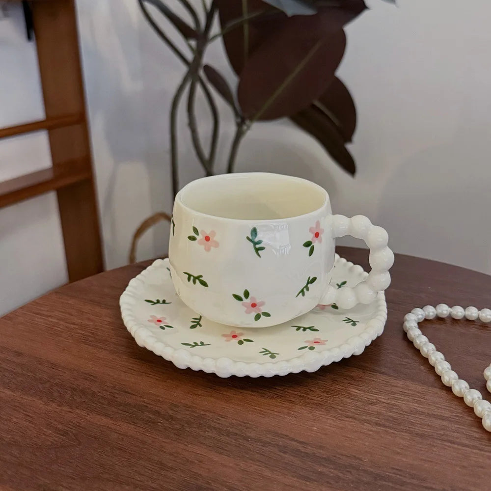 Cute Floral/Heart/Bow Tie Ceramic Cup Saucer Set Beaded Handle Scalloped Edge Coffee Milk Cup Home Kitchen Afternoon Tea Cups