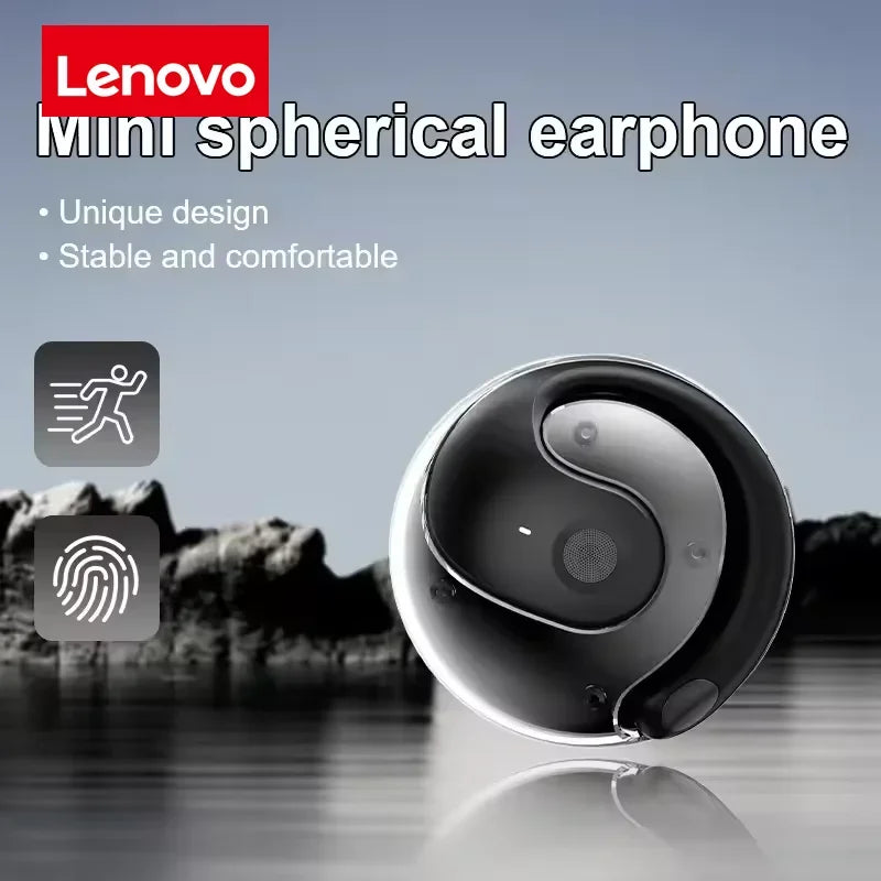 Lenovo ear-hook wireless Bluetooth headphones: spherical design, low latency, noise cancellation, ideal for sports and travel.