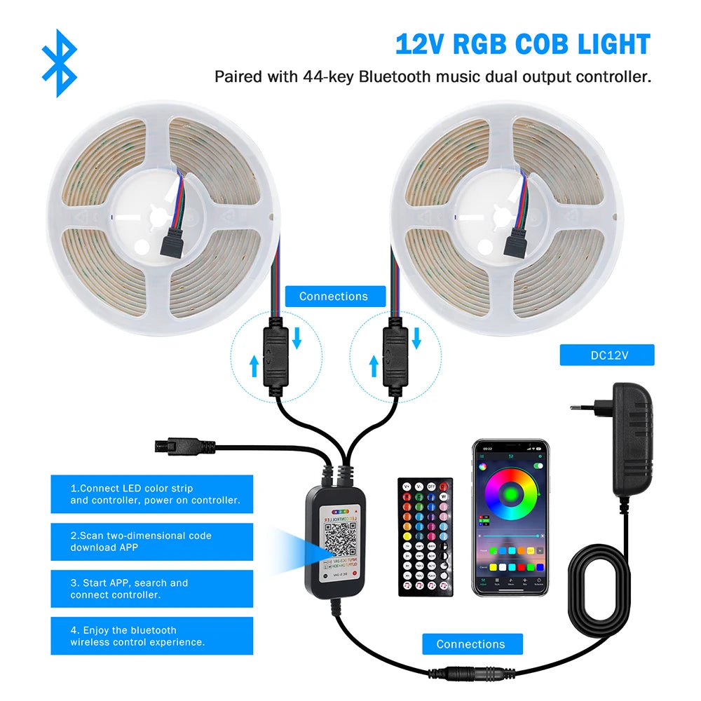 12V Wifi Bluetooth RGB COB LED Strip Remote Control 44key 24key Power Kit 840LED/m Flexible Light Tape Home Decoration 1 2 Rolls