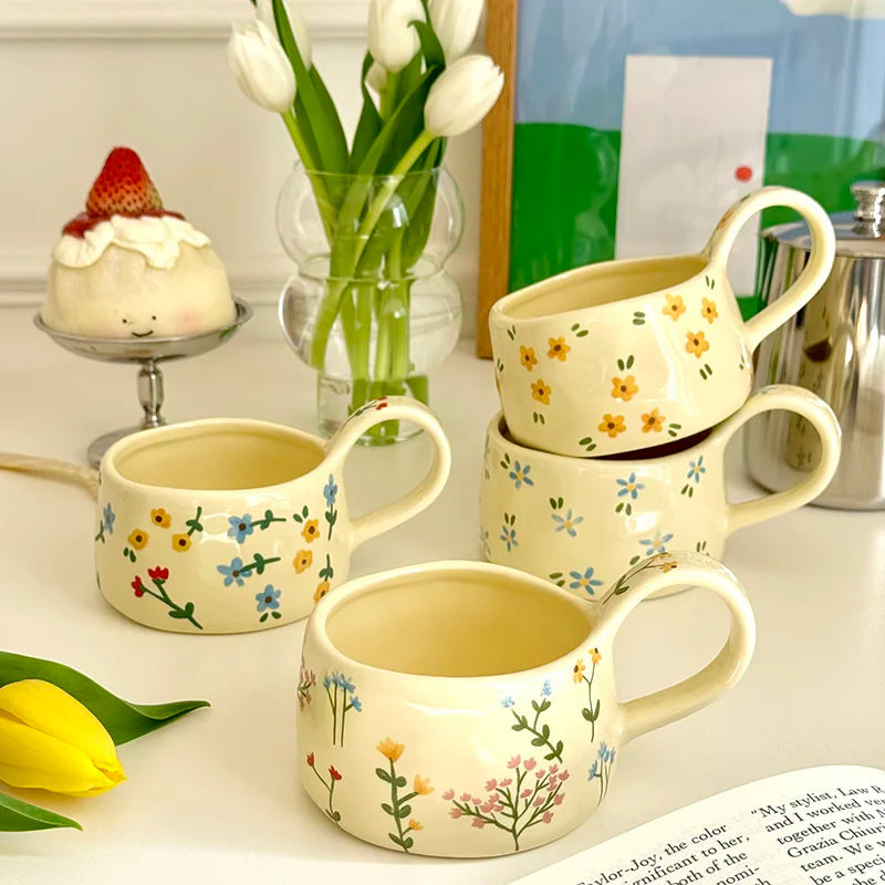 Korean Style Ceramic Mug Cute Hand Pinched Irregular Small Flower Pattern Coffee Cup Breakfast Milk Tea Cups Gift for Kids Girls