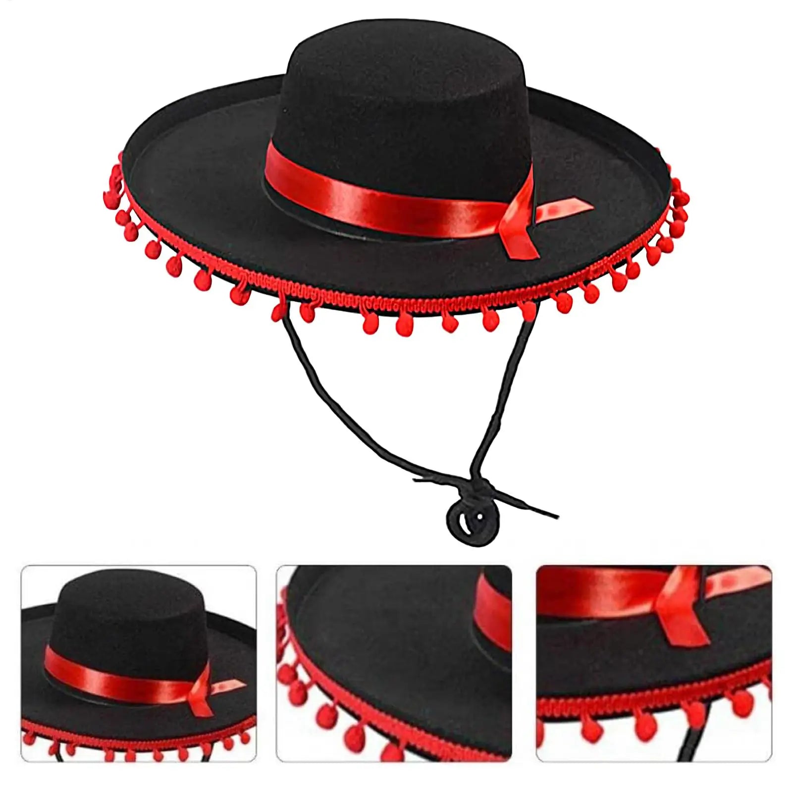 Mexican Hat Large Mexican Sombrero caps With Ball Flamenco Cosplay Costume With Pom-Poms Spanish Outfit Accessories For Holiday