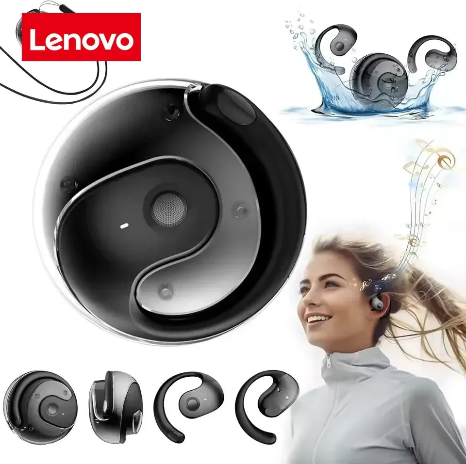 Lenovo ear-hook wireless Bluetooth headphones: spherical design, low latency, noise cancellation, ideal for sports and travel.