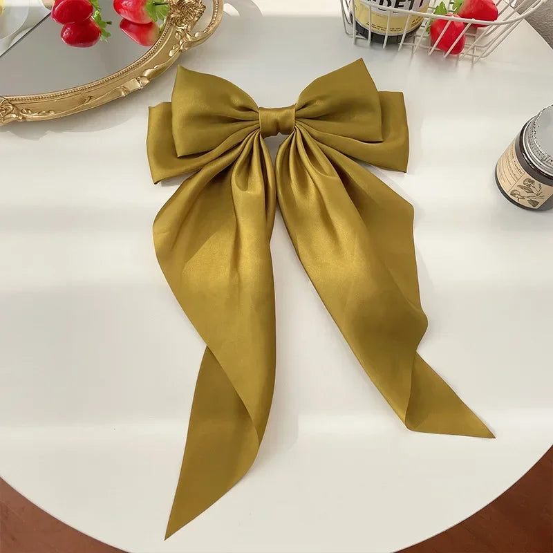 Korean Accessories Hair Clips for Women Girls Big Bowknot Solid Satin Long Ribbon Bows Spring Clamp Barette Cheveux Femme 2023