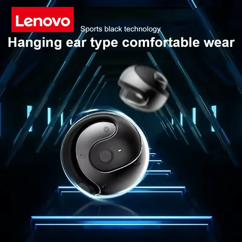 Lenovo ear-hook wireless Bluetooth headphones: spherical design, low latency, noise cancellation, ideal for sports and travel.