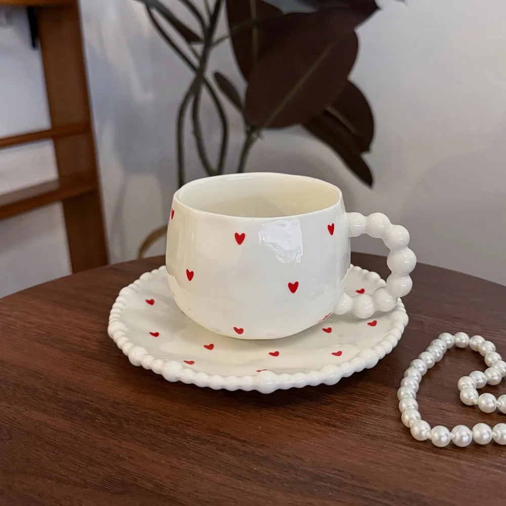 Cute Floral/Heart/Bow Tie Ceramic Cup Saucer Set Beaded Handle Scalloped Edge Coffee Milk Cup Home Kitchen Afternoon Tea Cups