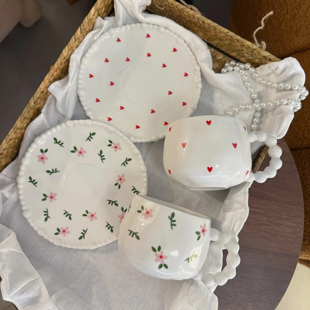 Cute Floral/Heart/Bow Tie Ceramic Cup Saucer Set Beaded Handle Scalloped Edge Coffee Milk Cup Home Kitchen Afternoon Tea Cups