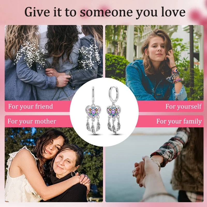 925 Sterling Silver Earrings Women Dreamy Heart Shaped Dreamcatcher Drop Earring For Anniversary Wedding Jewelry Gifts