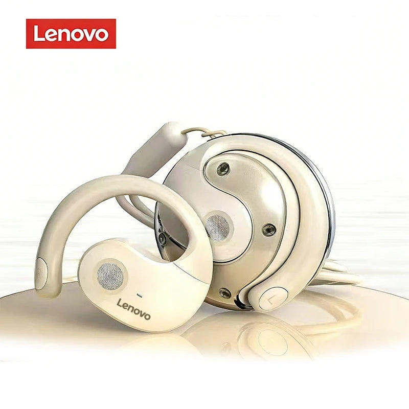 Lenovo ear-hook wireless Bluetooth headphones: spherical design, low latency, noise cancellation, ideal for sports and travel.