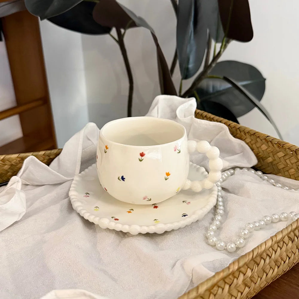 Cute Floral/Heart/Bow Tie Ceramic Cup Saucer Set Beaded Handle Scalloped Edge Coffee Milk Cup Home Kitchen Afternoon Tea Cups