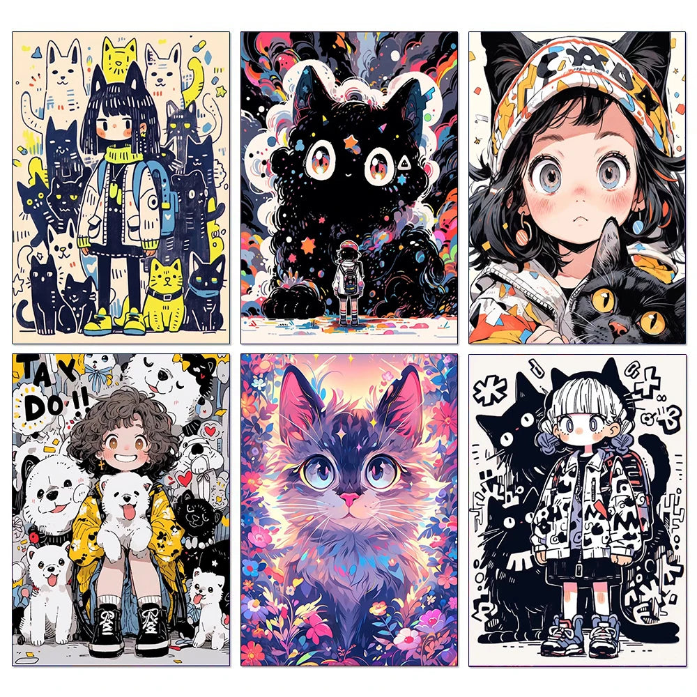 Cartoon Black Cat Diamond Painting Cute Girl Full Square/Round Diamond Mosaic Cross Stitch DIY Home Decoration Handmade Gift
