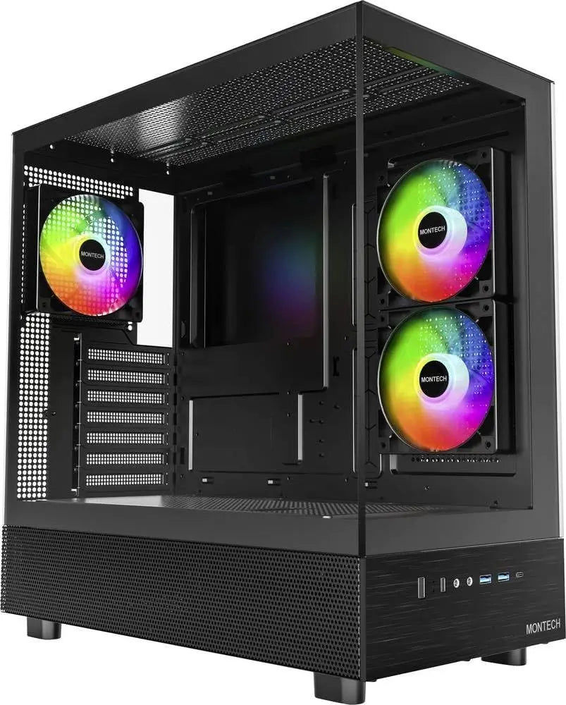 ATX Mid-Tower Gaming Case with 3 ARGB Fans, Dual Glass Panels, Wood I/O, Supports 4090 GPUs and 360mm Radiator, Black