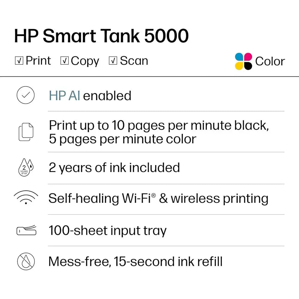 All-in-One Wireless Ink Tank Printer, Scanner, Copier with 2-Year Ink Supply, Home-Friendly, Cartridge-Free, Refillable, AI-Enab